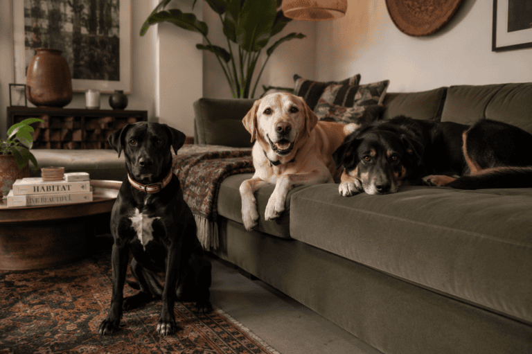 multiple pet house hold needs a vacuum three dogs on the couch