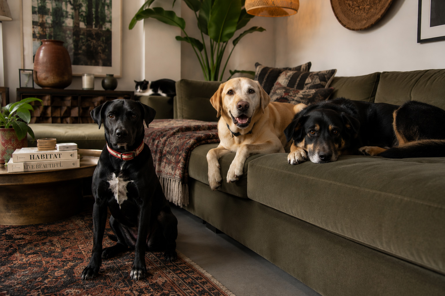 multiple pet house hold needs a vacuum three dogs on the couch