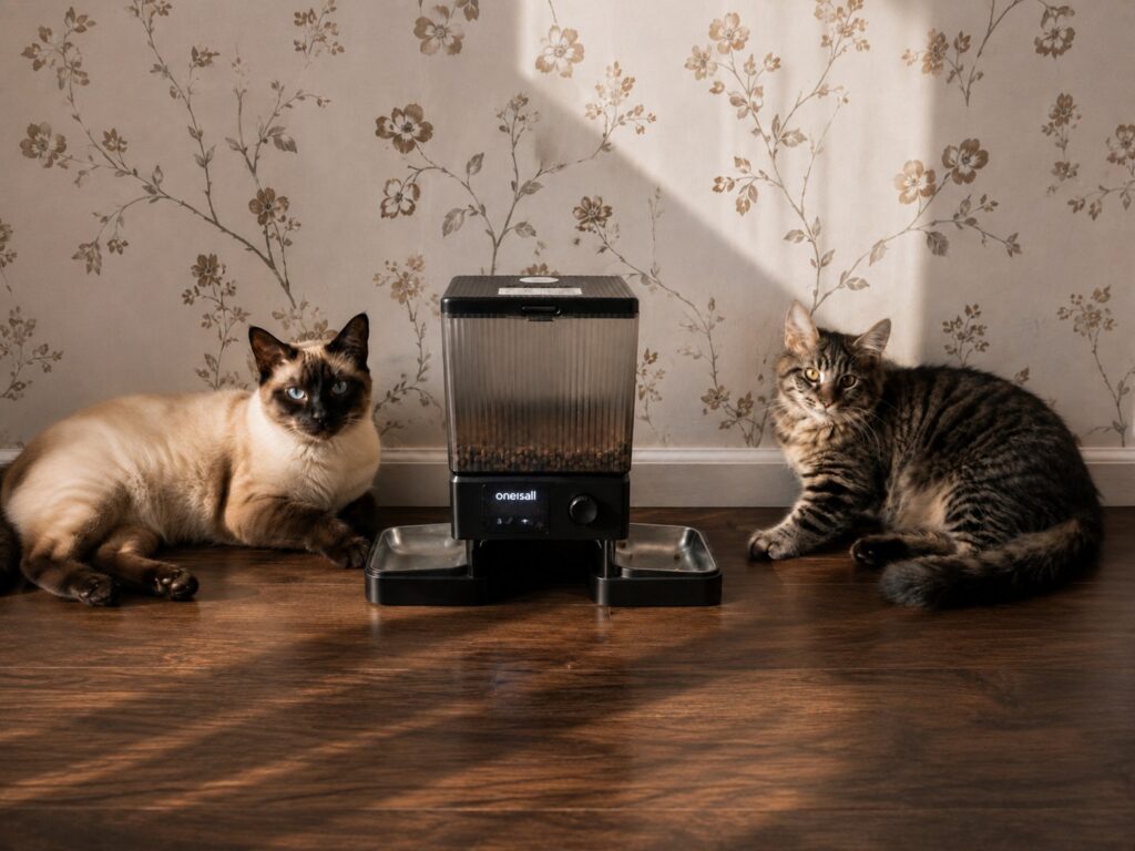 One Is All dual bowl feeder with two cats
