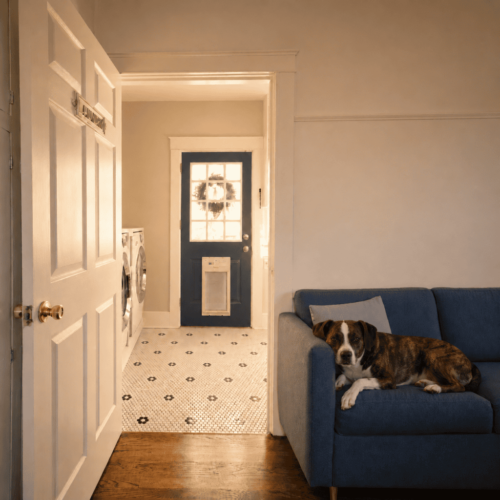 laundry room has high tech pet doggie door while dog relaxes