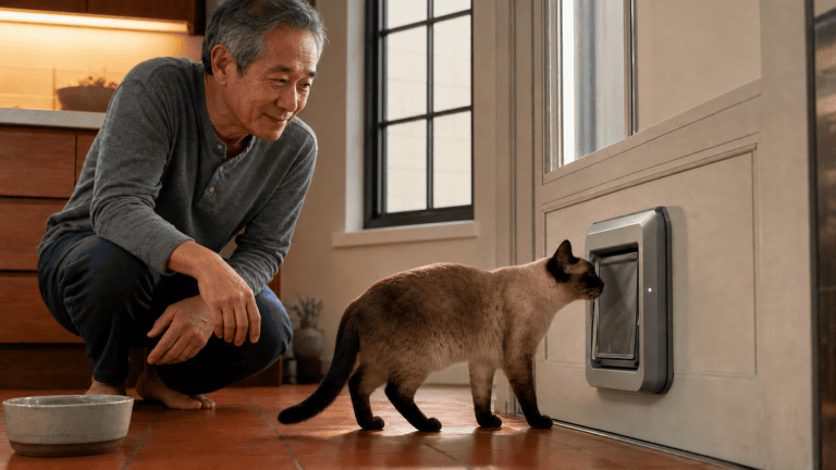 man teaches siamese cat to use best electronic cat door